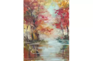 Картина маслом с осенним пейзажем "Между небом и водой" где деревья отражаются в маленькой речушке художник Нина Дивинская (Волгоград)