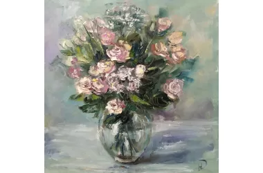 Изображение мелких цветов розочек в прозрачной вазе художника Нины Дивинской (Волгоград)