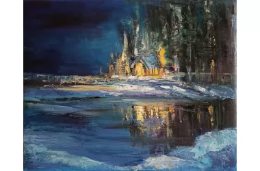 Картина "Тёплый свет" с домиком в сказочном зимнем пейзаже художника Нины Дивинской Волгоград