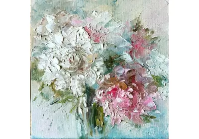 Картина маслом "Бело-розовый" букет пионов художницы Нины Дивинской