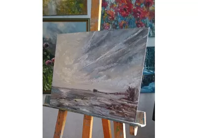 Холст на картоне с волжским февральским пейзажем