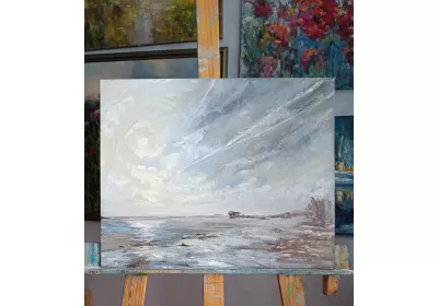 Картина маслом "Февральские прогулки" сзагадочным небом над Волгой