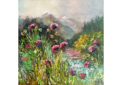 Картина маслом с чертополохами на фоне гор "Горная речка" художника Нины Дивинской