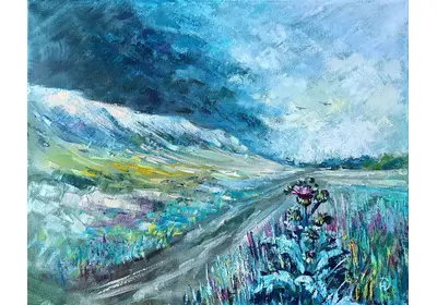 Картина маслом с эмоциональным пейзажем с надвигающейся грозой художницы Нины Дивинской.