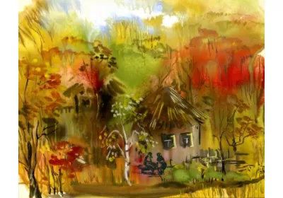 Монотипия "Осень в деревне" художник Нина Дивинская Волгоград