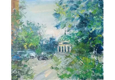 Картина маслом Волгоградский планетарий вид с улицы Мира летом зелень планетарий вдали пейзаж Волгограда художницы Нины Дивинской