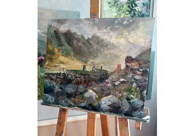 Картина маслом на холсте с пейзажем "Синие бриллианты Осетии"