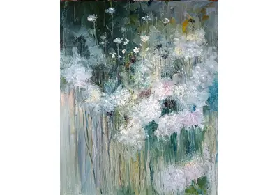 "Картина маслом 'Сон среди цветов' - интерьерная живопись в сине-зеленой гамме" художницы Нины Дивинской.