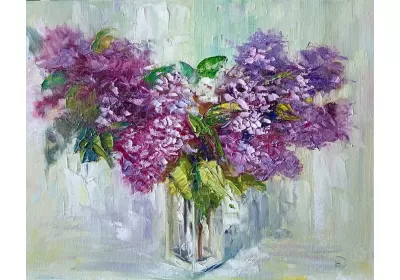 Изображение пышных весенних цветов на картине маслом "Аромат сирени" художницы Нины Дивинской