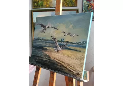 Холст на подрамнике с изображением птиц на рекой Волгой