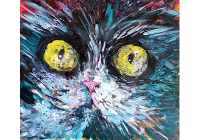 Огромные глаза чёрного кота изображены масляными красками на картине художника Нины Дивинской