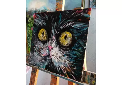 Картина маслом "Чёрный кот" на мольберте