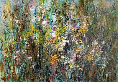 Сочная трава во время цветения на картине маслом "Цветущие травы "художника Нины Дивинской (Волгоград)