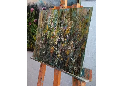 Холст на картоне с  изображением цветущих трав в степи