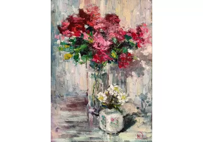 Картина маслом с двумя букетами   цветов в прозрачных вазах "Красное и белое" художника Нины Дивинской (Волгоград)