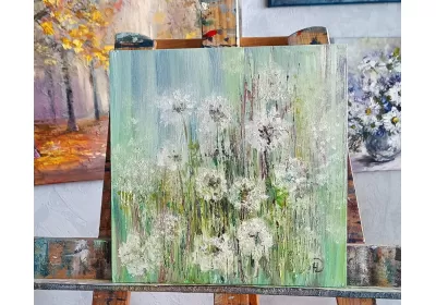 Картина маслом с воздушными цветами одуванчика