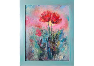 Картина маслом с изображением цветов маком в раме