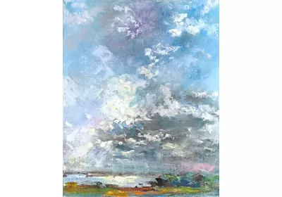 Картина маслом с летним пейзажем у реки "Мраморное небо" художника Нины Дивинской