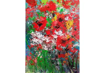 Картина с абстрактным изображением ярких цветов "Оптимизм" художницы Нины Дивинской