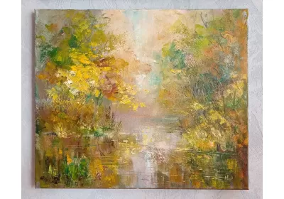 Картина маслом с золотистым пейзажем "Осенняя мечта"