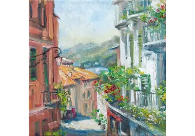 Живописная картина маслом, изображающая уютную улочку приморского городка, спускающуюся к морю "Приморская улочка" художницы Нины Дивинской.