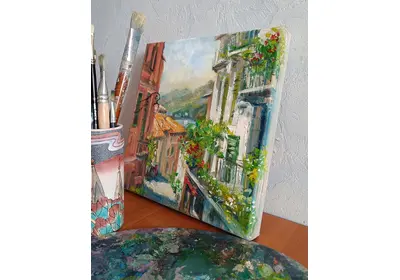 Городской пейзаж маслом "Приморская улочка"