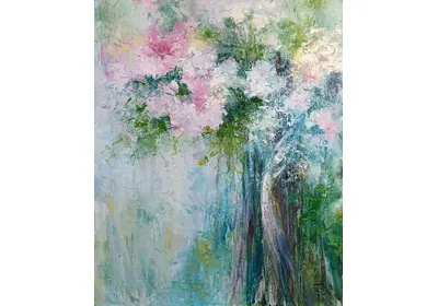 Картина маслом "Пробуждение" с символичным изображением цветов и силуэта девушки художницы Нины Дивинской