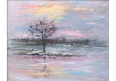 Изображение пейзажа на рассвете ранней весной художницы Нины Дивинской на картине "Сквозь призму розовых очков"
