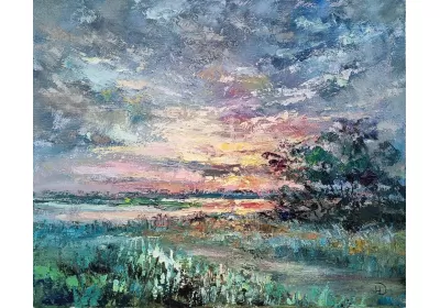 Изображение заката на реке Пичуга на картине маслом "Вечерняя заря" художницы Нины Дивинской