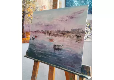 Холст на картоне с морским пейзажем "Зефирные облака"