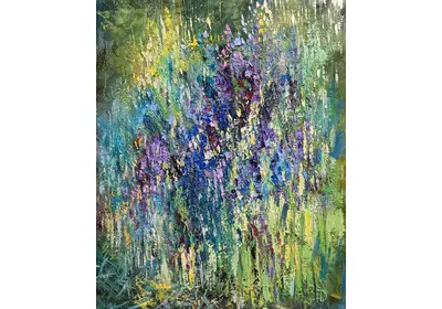 Абстрактное изображение полевых трав на картине "50 оттенков зеленого" художницы Нины Дивинской.