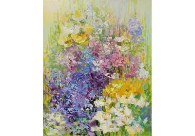 Картина маслом "Ароматы первоцветов" с гиацинтами, тюльпанами и анемонами, написанная в смешанной технике, передающая благоухание весенних цветов. Художник Нина Дивинская