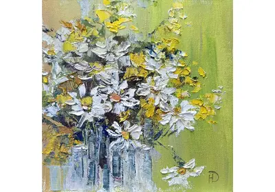 Картина маслом "Букет ромашек" с белыми цветами и зеленым фоном, написанная пастозной техникой художником Ниной Дивинской