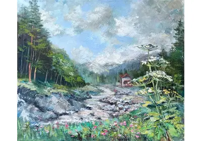 Картина маслом "Домик в горах". Горный пейзаж, Кавказ, речка, домик. Живопись маслом, пейзаж. Автор Нина Дивинская