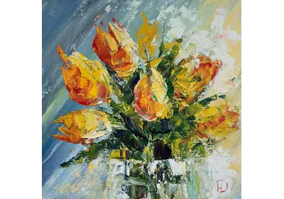 Картина маслом "Жёлтые тюльпаны" с яркими цветами в хрустальной вазе, солнечный свет через окно с шторкой. Художник Нина Дивинская