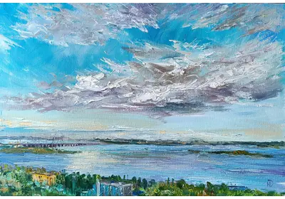 Картина Облака над Волгой масло Нина Дивинская Волга вечерний пейзаж