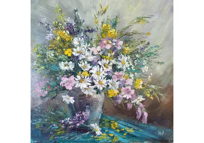 Картина маслом Очарование скромности: букет полевых цветов, ромашки, солнечные лучи, авторская живопись Нины Дивинской