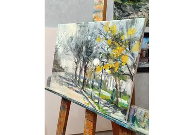 Картина маслом "Осенняя набережная Волгограда" вид на Волгу, Ротонду и Пропилеи". Художник Нина Дивинская