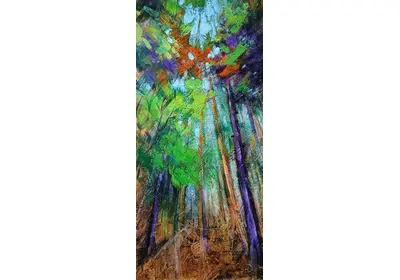 Картина маслом Осенний день осенний пейзаж с соснами на OSB плите жёлто-зелёные краски оранжевый акцент смешанная техника Нина Дивинская