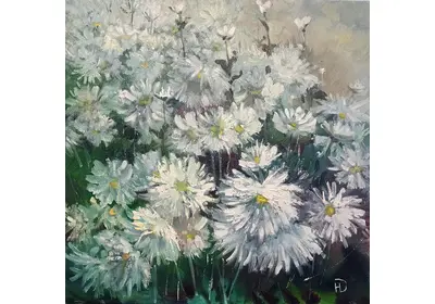 Картина маслом "Хризантемы-снежинки" - белоснежные цветы, нежность и красота, купить картину для интерьера Художник Нина Дивинская