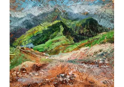 Картина маслом Тропинка в горах летний пейзаж Красная поляна две вершины каменистая тропинка фигурки людей OSB плита Художник  Нина Дивинская