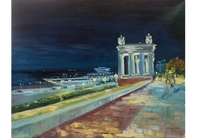 Картина маслом "Вечерняя набережная Волгограда" с пропилеями и речным портом в иллюминации. Художник Нина Дивинская