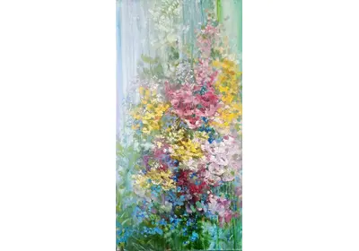 Картина маслом Весенние мелодии — цветочная композиция с анемонами незабудками и тюльпанами на холсте 40х50 см Художник Нина Дивинская Волгоград