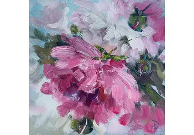 Картина маслом "Воздушность" с розовым пионом на светлом фоне, лёгкий ветерок и нежный утренний свет. Нина Дивинская