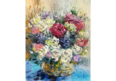 Картина маслом "Яркие впечатления": букет цветов в корзине, стиль импрессионизм Художник Нина Дивинская Волгоград