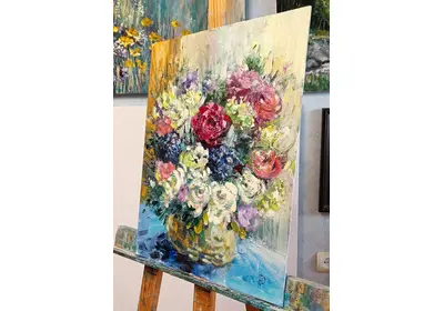 Пышный букет роз, гвоздик и гиацинтов написан маслом в технике импрессионизма Нина Дивинская Волгоград