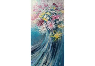 Картина маслом "Бал хризантем" - танцующие цветы в голубых и розовых оттенках. Художник Нина Дивинская Волгоград