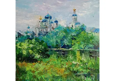 Картина Монастырь в Боголюбово масло Нина Дивинская Свято-Боголюбский монастырь голубые купола