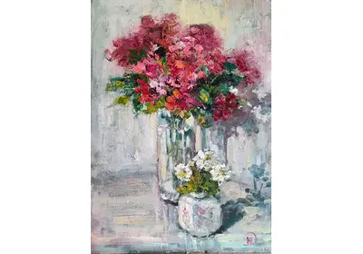 Картина маслом с двумя букетами   цветов в прозрачных вазах "Красное и белое" художника Нины Дивинской (Волгоград)