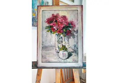 Холст на карттоне с живописными цветами "Красное и белое"